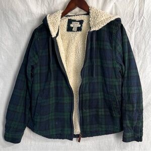 LL Bean Women SP Scotch Plaid Flannel Shirt Sherpa Lined Zip Hoodie Small Petite